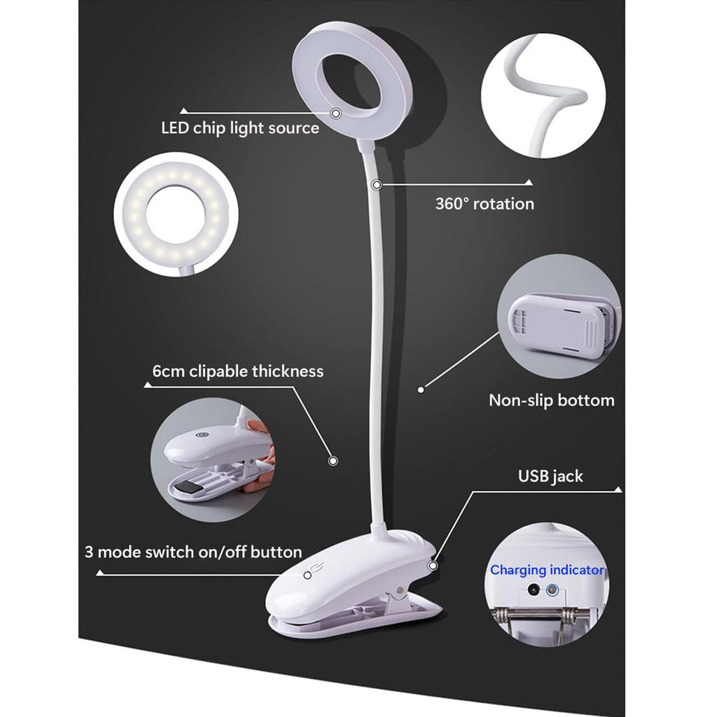 LED Rechargeable Clamp Clip On Flexible Desk Light Reading Table Night Lamp